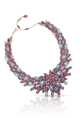 PASCALE BRUNI-Collier collection Mandala-or rose-améthyste-grenat rhodolite-iolite- topaze bleue