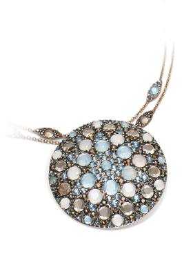 PASCALE BRUNI-Collier collection Mandala-or rose-topaze bleue-quartz fumé-quartz laiteux