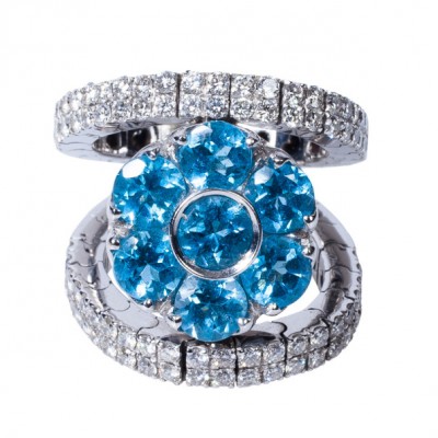 PASCALE BRUNI- bague diamants-topaze swiss blue