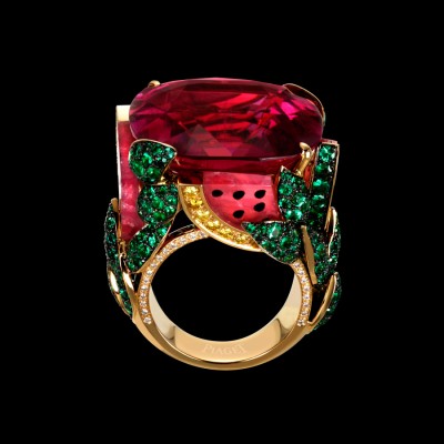 PIAGET-Bague Limelight inspiration cocktail Watermelon Dream-or jaune-rubellite-émeraudes-diamants jaunes-diamants