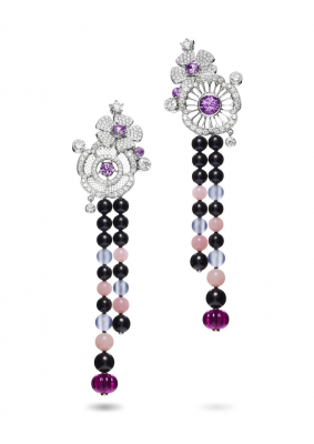 PIAGET-Collection Couture Precieuse- boucles d'oreilles-or blanc-saphirs-opale-spinelle noirs-calcédoine-tourmaline-diamants