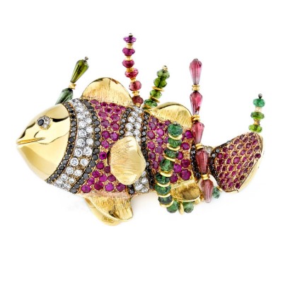 RICARDO BASTA-diamants-rubis-diamants noirs-tsavorites-broche