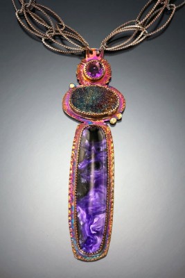 SHAW Julie-Amethyste-pyrite druzy-charoite-collier