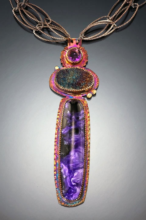 SHAW Julie-Amethyste-pyrite druzy-charoite-collier