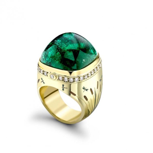 THEO FENNEL-Bague Kissing Frogs-Emeraude de Zambie-or jaune-diamants