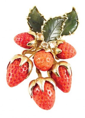 TONY DUQUETTE-Broche-corail rouge-jade-saphirs jaunes