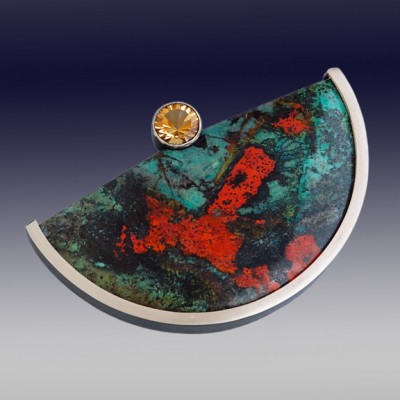 VAATZ Wolgang-Brooch in massive cuprite chrysocolla partially oxidized sterling silver citrine