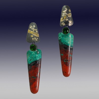 VAATZ Wolgang-Earrings cuprite chrysocolla with fused 14k &18k gold fused on sterling silver, oxidized chrome diopsides