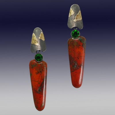 VAATZ Wolgang-Earrings in massive cuprite chrysocolla, with fused 22k gold fused on sterling silver, oxidized chrome diopsides