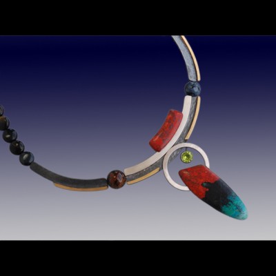 VAATZ Wolgang-Necklace in massive cuprite chrysocolla, pietersite, 22 k gold fused on sterling silver, partially oxidized, peridot