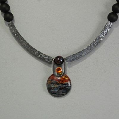 VAATZ Wolgang-Necklace in pietersite, black frosted onyx and oxidized & repolished sterling silver,golden citrine