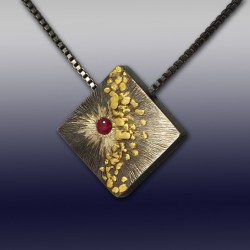 VAATZ Wolgang-Pendant in argentium silver gold nuggets & 14 k gold fused, oxidized, ruby