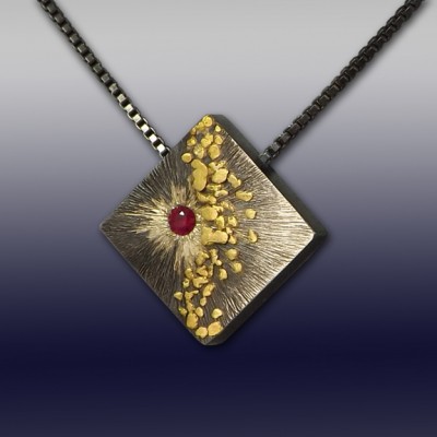 VAATZ Wolgang-Pendant in argentium silver gold nuggets & 14 k gold fused, oxidized, ruby