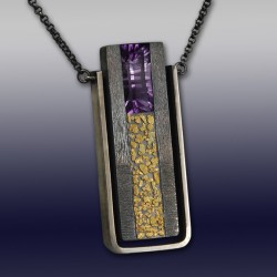 VAATZ Wolgang-Pendant in partially oxidized sterling argentium silver, gold nuggets fused, amethyst