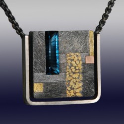 VAATZ Wolgang-Pendant in partially oxidized sterling silver, gold nuggets & rose gold fused, London blue topaz