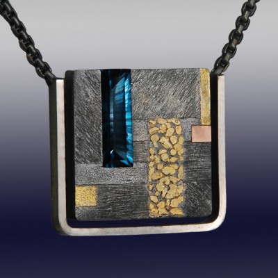 VAATZ Wolgang-Pendant in partially oxidized sterling silver, gold nuggets & rose gold fused, London blue topaz