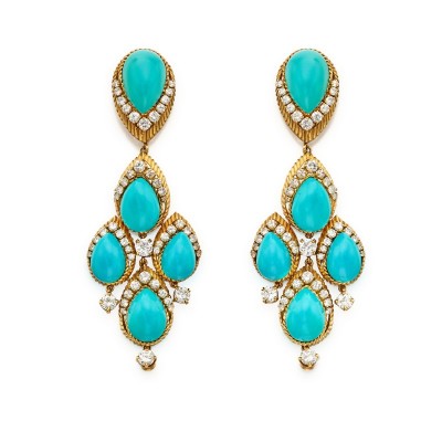 #VAN CLEEF & ARPELS #Pair of Turquoise and Diamond Pendant-Earclips