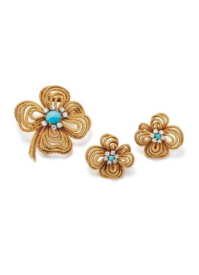 #VAN CLEEF & ARPELS #Turquoise, Diamond and Gold Brooch and Earring Set