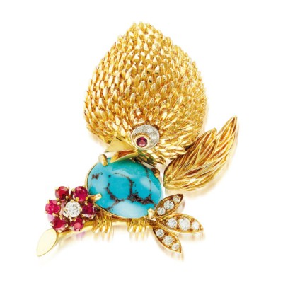 VAN CLEEF & ARPELS #Turquoise #Ruby #Diamond #'Bird' Brooch #Circa 1960s #Rubis #Diamant #Broche