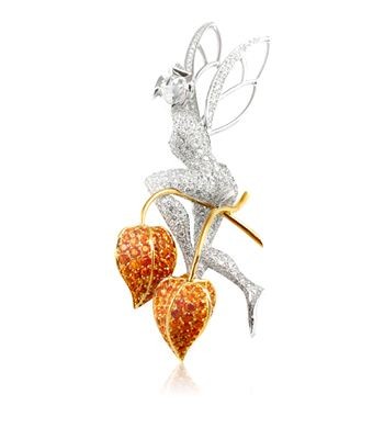 VAN ClEEF & ARPELS-Clip Amour en cage-Midsummer Night’s Dream collection-or blanc-diamants-or jaune-grenats mandarins