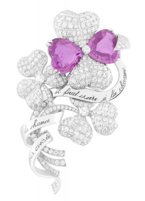 VAN ClEEF & ARPELS-Collection Palais de la chance-clip Trèfles-or blanc-saphirs roses-diamants