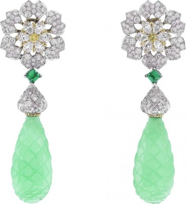 VAN ClEEF & ARPELS-Collection Peau d'Âne-La Forêt enchantéeor blanc-boucles d'oreilles-diamants-émeraudes-chrysoprase