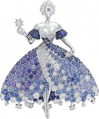 VAN ClEEF & ARPELS-Collection Peau d'Âne-or blanc-Broche Moon Dress-diamants-spinelles bleus-tanzanites-saphirs bleus-saphirs violets