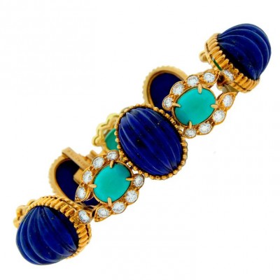 VAN ClEEF & ARPELS-Lapis Lazuli-Turquoise-diamant-or-Bracelet