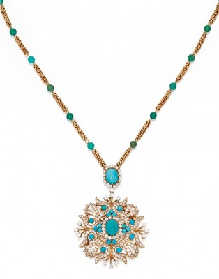 VAN ClEEF & ARPELS-Pendentif-broche-chaine-turquoises-diamants