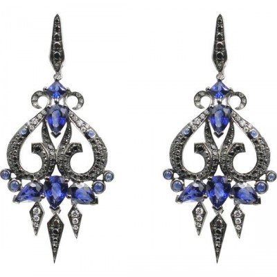 WEBSTER STEPHEN-Collection Belle Epoque-boucles d'oreilles chandelier-or blanc-saphirs-diamants noirs-diamants