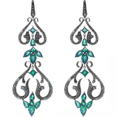 WEBSTER STEPHEN-Collection Belle Epoque-boucles d'oreilles-or blanc-émeraudes-diamants noirs