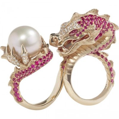 WEBSTER STEPHEN-Collection Couture Voyage-bague-China girl dragon-or rose-perle des mers du sud-rubis-diamants