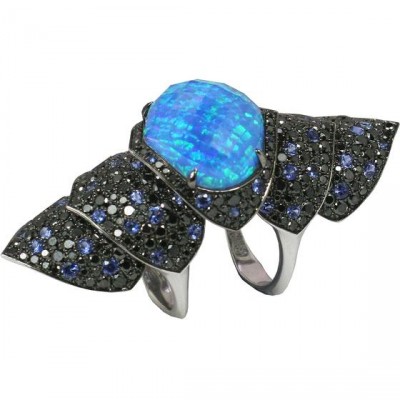 WEBSTER STEPHEN-Collection Deco-bague Haze Armadillon-or blanc-opale noire-quartz-saphirs bleus-diamants noirs