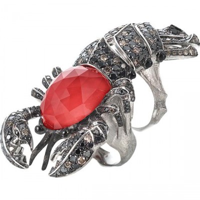 WEBSTER STEPHEN-Collection  Jewels Verne-bague Lobster-crystal haze-or blanc-coraill-quartz-onyx-diamants bruns-diamants noirs