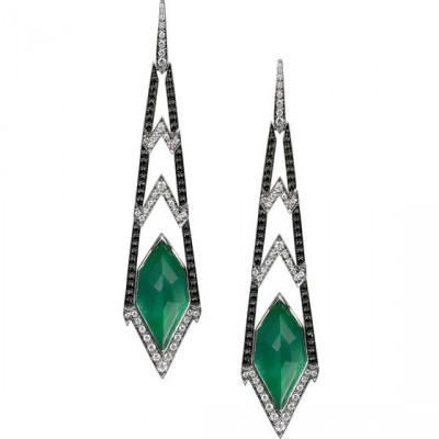 WEBSTER STEPHEN-Collection Lady Stradust-boucles d'oreilles Crystal Haze-or blanc-agate verte-quartz-diamants noirs-diamants blancs