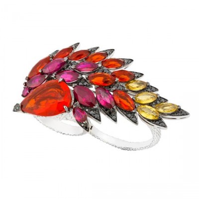 WEBSTER STEPHEN-Collection Magnipheasant-bague Plumage-or blanc-rubis-opales de feu-saphirs jaunes-diamants noirs