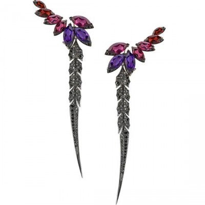 WEBSTER STEPHEN-Collection Magnipheasant- boucles d'oreilles Feathers-or blanc-grenat-amethyste-diamants noirs