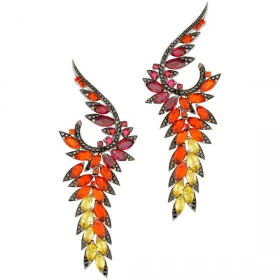 WEBSTER STEPHEN-Collection Magnipheasant-boucles d'oreilles Plumage-or blanc-opale de feu-rubis-saphirs jaunes-diamants noirs