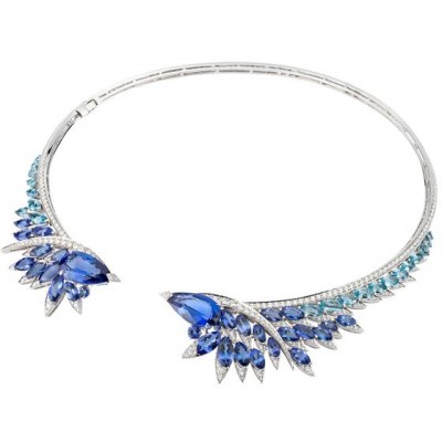 WEBSTER STEPHEN-Magnipheasant Collier Plumage-or blanc-tanzanite-Aigue marine-diamants