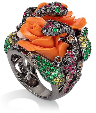 WENDY YUE-Bague serpent-corail rose-rubis-diamants brunsdiamants noirs-saphirs-tsavorites-or