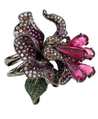 WENDY YUE-Stackable Flower Ring-granat rhodolite-saphir rose-tsavorite-Diamants-or noir