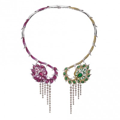 WENDY YUE-collier-diamants champagne-tsavorites-rubellite-saphir rose-diamants blancs-diamants dorés