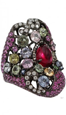 WENDY YUE-diamant cognac-diamangt blanc-rhodolite-tsavorite-saphirs roses-saphirs bleus