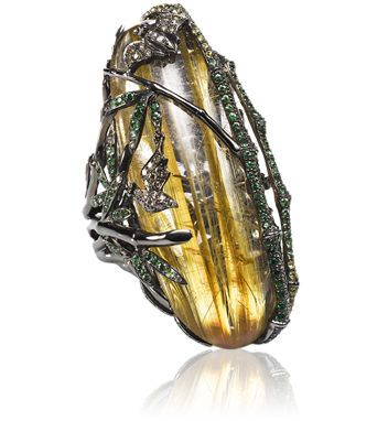 WENDY YUE-or blanc-bague-quartz rutile-diamants blancs-diamants bruns-saphirs jaunes-Tsavorite