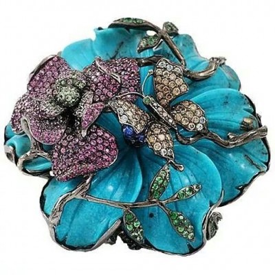WENDY YUE-turquoise gravée en fleur-bague-saphirs roses-saphirs blancs-grenat tsavorite-tanzanite diamants cognac