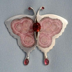 WESLEY HARRIS-Broche papillon-Rhodochrosite-argent-citrine-grenat