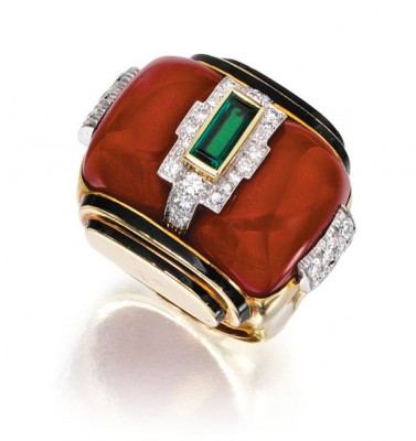 DAVID WEBB #Coral #Emerald #Diamond #Enamel #Ring #Circa 1975 #Corail #Emeraude #Diamant #Bague
