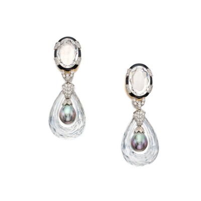 #DAVID WEBB #Earrings #Diamonds #Boucles d'oreilles #diamants #Cultured Pearl #Rock Crystal #Enamel #Earclips