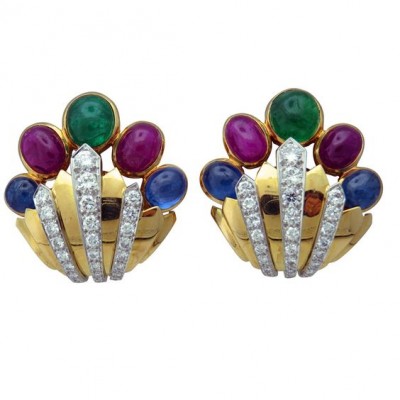 #DAVID WEBB #Emerald #Ruby #Sapphire #Sapphire #Cabochon #Rubis #Emeraude #Rubis #Saphir #Earrings #Boucles d'oreilles