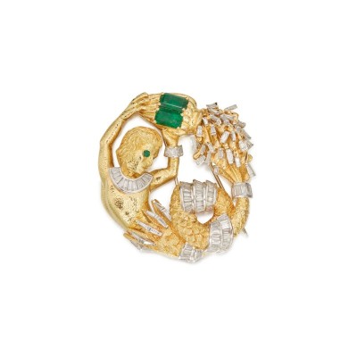 #DAVID WEBB #Gold #Emerald #Diamond #'Aquarius' Clip-Brooch